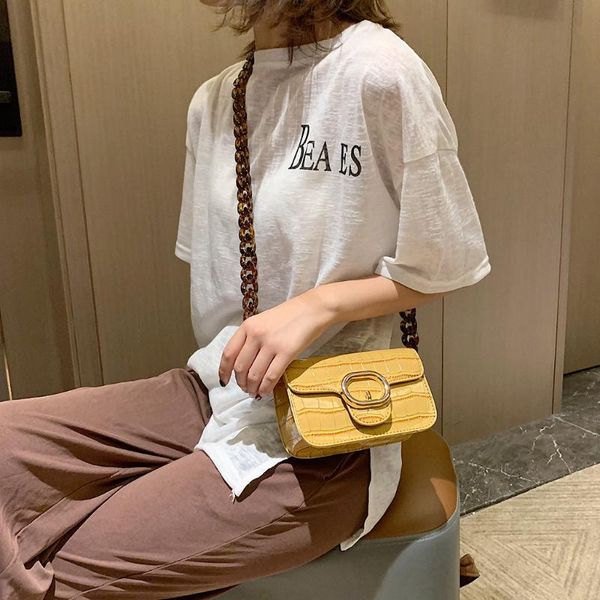 

woman bag retro yellow leather acrylic chain pouch high-end versatile crossbody bag female new metal buckles shoulder handbags