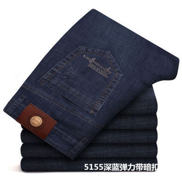 

fall and winter apple mens jeans with loose elasticity straight cylinder high waist business pants dads large mens trousers, Blue