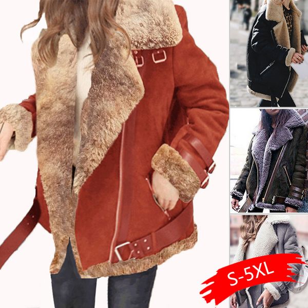 

2018 winter high -quality jacket female suede lamb keep warm wool coat motorcycle lapels coat female thicker jacket women, Black