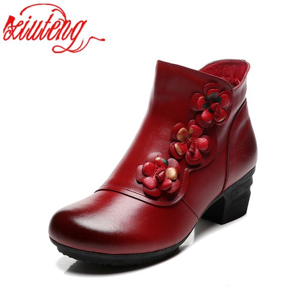 

xiuteng new cow leather ankle boots women shoes genuine leather winter boots soft flower comfortable warm spare heel, Black