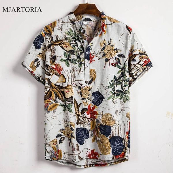 

summer man shirt mens ethnic printed stand collar cotton linen stripe short sleeve loose hawaiian henley shirt hawaiian shirt, White;black