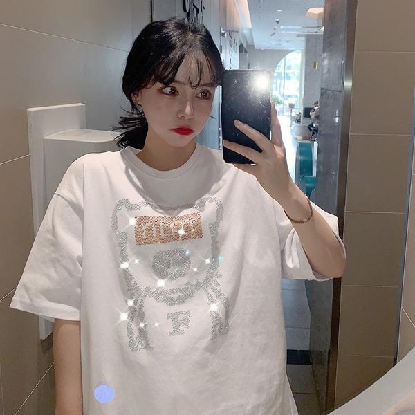 

2020 drill t-shirt women's short-sleeved loose cartoon bear heavy industry half-sleeved jacket ins cotton-padded t-shirt cotton-padded, White
