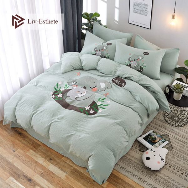 

liv-esthete lovely koala cartoon bedding set green duvet cover bedspread flat sheet double  king bed linen for kids