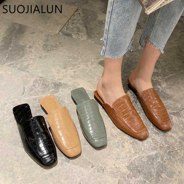 

suojialun new women's spring mules shoes slip on round toe lazy slippers fashion stone pattern fabric slides ladies sandals, Black