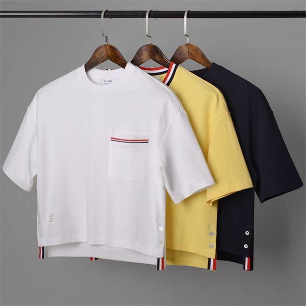 

classic cotton piquÃ© midriff-baring rwb trim pocket oversized-fit thom brown tees half sleeve side slits women't-shirts, White