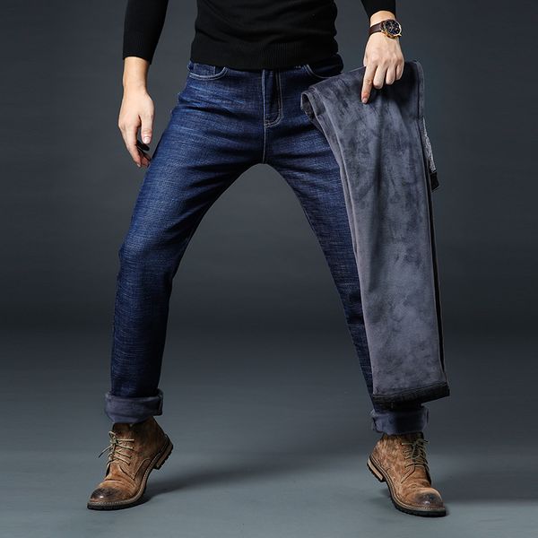 

2019 winter new men's warm black jeans plus size slim fit elastic denim trousers male fleece thick big size 38 40 42 44 46, Blue