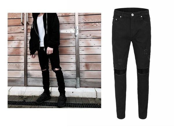 

модные мужские рваные джинсы карандаш лето zipper fly mid талии джинсы мода повседневная мужская одежда, Blue