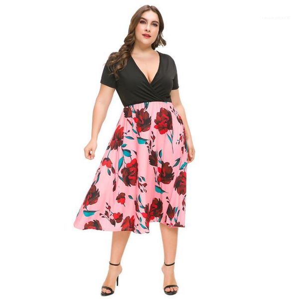 

v-образные шеи плиссированные платья летнее женское платье с коротким рукавом плюс размер женские дизайнерские платья мода цветочные напечат, Black;gray