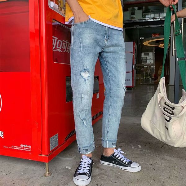 

wholesale 2019 spring autumn streetwear biker men's jeans ankle length pants men's korean teenagers elastic pants homme, Blue