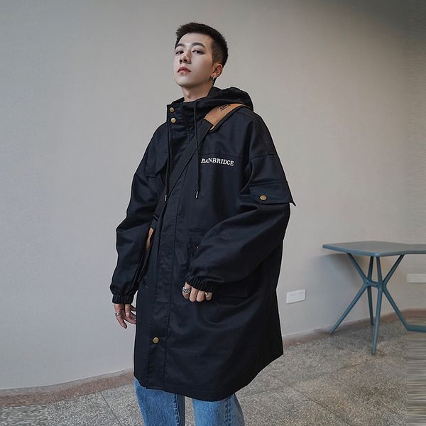 

2019 autumn and winter new youth popular male long section tooling japanese retro windbreaker fashion casual cotton suit m, Black