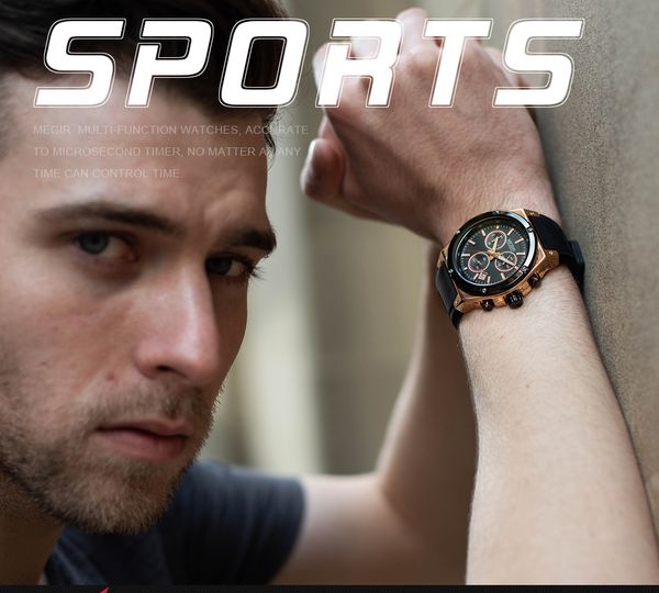 

megir/ brand designer fashion multifunctional sports luminous timing calendar three-pin silicone watches men's military quartz watches2, Slivery;brown