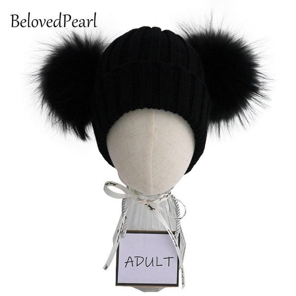 

double fur pompon winter hats for women wool blend knitted mens hats and caps, Blue;gray