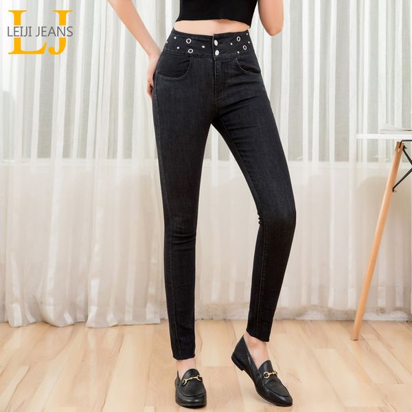 

leijijeans новое поступление высокая талия двубортный тонкий джинсовые брюки черный повседневный дамы плюс размер женские брюки карандаш 920, Blue