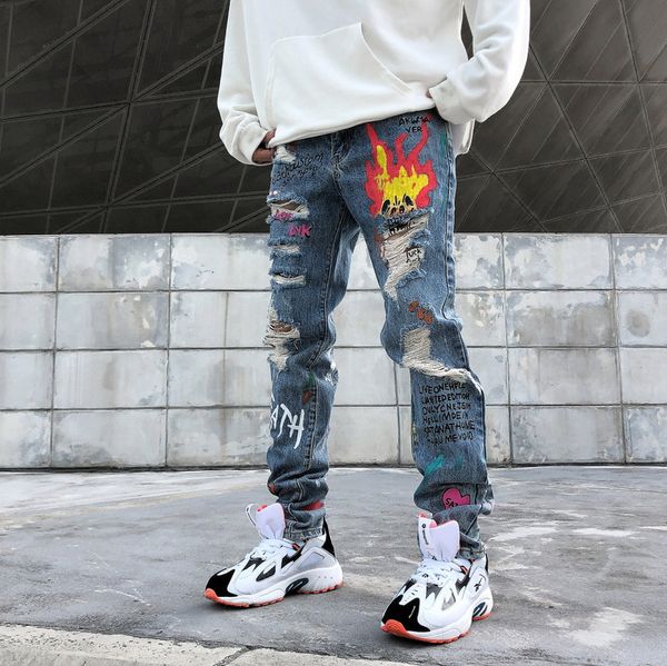 

distressed fire graffiti men streetwear jeans hip hop pants, Blue
