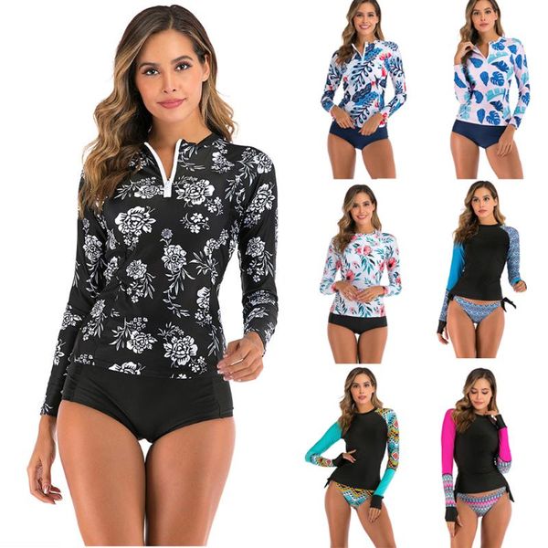 

long sleeve rash guard women print swimwear zipper two piece surf suit patchwork swimsuit high neck diving suit 2xl bathing