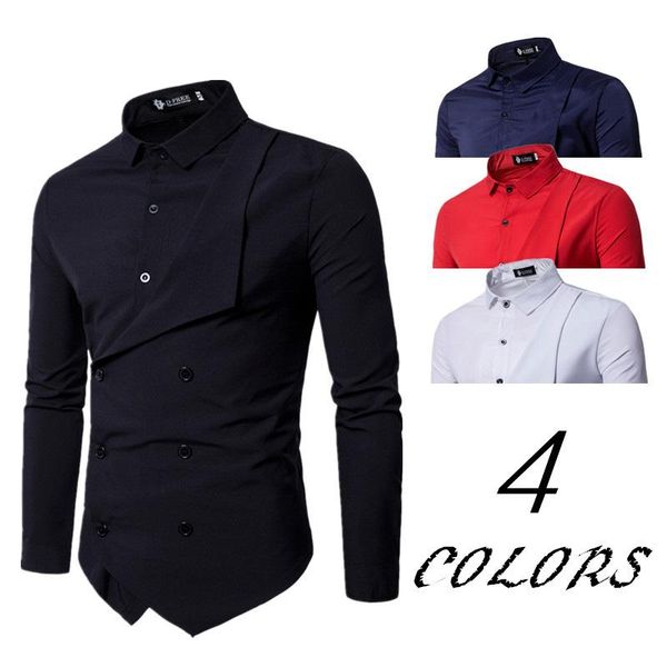 

stylish mens fake 2pcs shirts double breasted designer casual shirts fashion, White;black