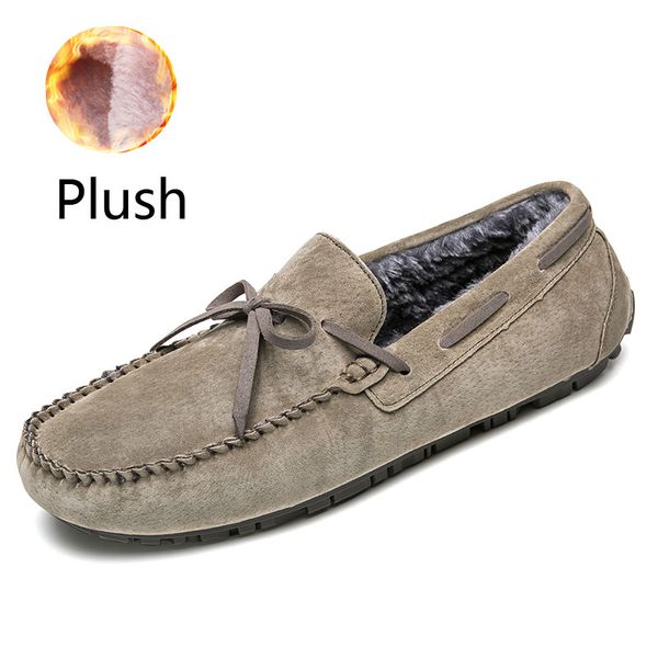 

slip on driving shoes for men khaki winter plush mens shoes suede loafers fur man moccasins leather boat male casual flats, Black