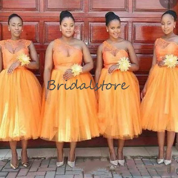 

orange short bridesmaid dresses african tea length one shoulder a line tulle maid of honor wedding party guest dress 2020 plus, White;pink