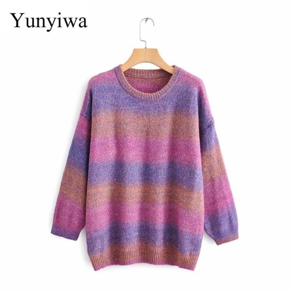 

женщины элегантный радуга полосатый узор повседневный свитер дамы основные o образным вырезом с длинным рукавом вязаные пуловеры осень досуг, White;black