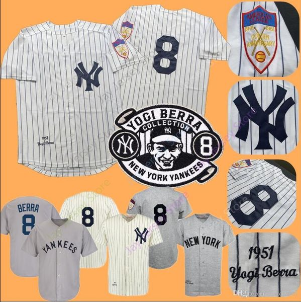 

Yogi Berra Jersey Yankees 1951 Cooperstown MN New York Cream White Pinstripe Grey Black Home Away All Stitched Custom ID Name