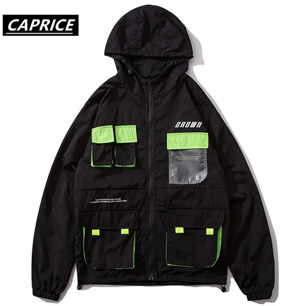

caprice multi pockets workwear style jacket men streetwear hooded windbreaker coat men 2019 autumn jacket fashion outwear, Black;brown
