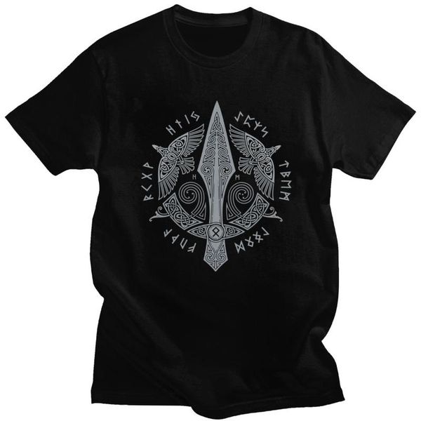 

один меч тенниска для мужчин хлопок tshirt с коротким рукавом viking скандинавские руны valhalla gungnir tee tv fan t shirt подарок, White;black