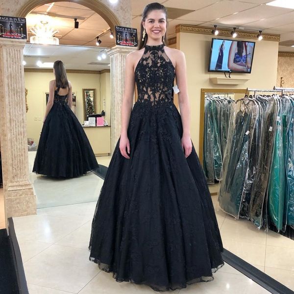 

black lace prom dresses appliqued halter neck beaded party dress a line plus size floor length lace up back evening gowns