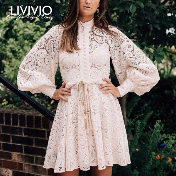 

livivio] attached belt hollow out cashew lace mini dresses women lantern long sleeve two piece female 2019 autumn fashion new, Black;gray