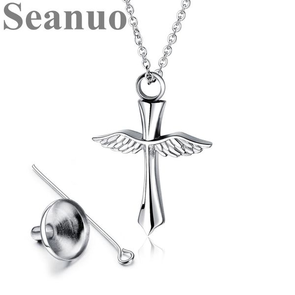 

seanuo fashion personality cross pet ashes pendant necklace women men jewelry stainless steel lady angel wings choker necklaces, Silver