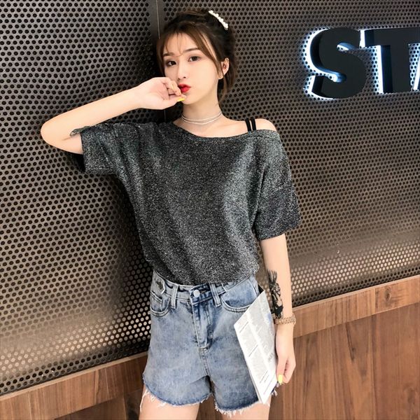 

2019 women's dress with bare shoulder straps and one-line collar careful machine ultra-fire short-sleeved loose student t-shirt women&#, White