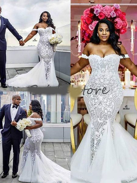 

african plus size mermaid wedding dresses elegant off the shoulders silver and white lace wedding dress for country 2020 bridal gown