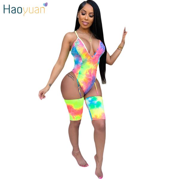 

haoyuan tie dye playsuit summer overalls spaghetti strap bodysuit backless bandage bodycon rompers womens jumpsuit shorts, Black;white