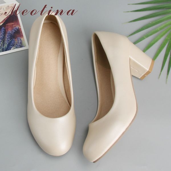 

meotina women shoes high heels round toe office work shoes chunky heels women pumps ladies shoes beige large size 9  42 43, Black