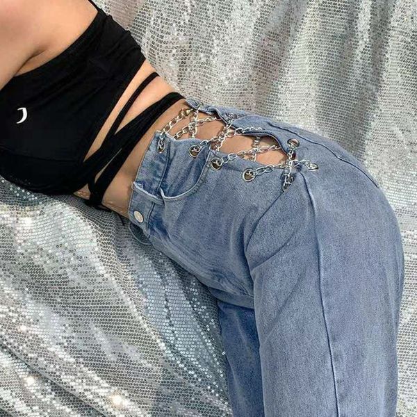 

women's jeans womengaga 2021 straight casual european style vintage high waist hollow out chain personality trousers a447, Blue