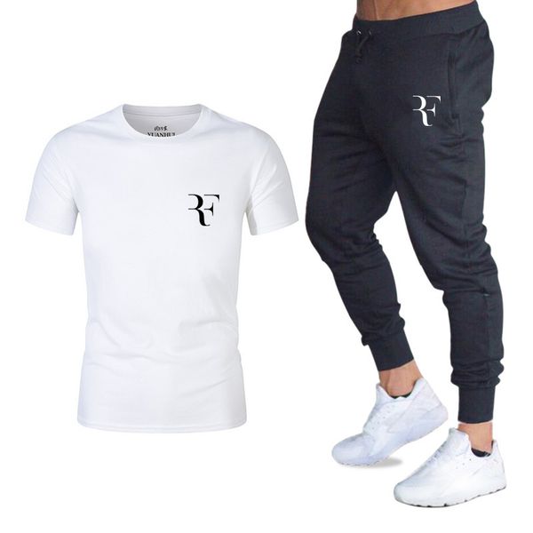 

new men's sets t shirts+pants two pieces sets casual tracksuit male casual tshirt print roger federer rf trousers men, Black;blue