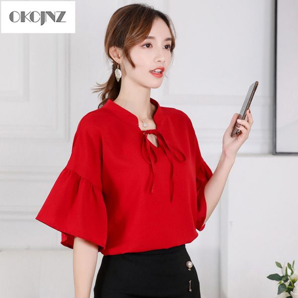 

tie o-neck summer women clothes office lady chiffon blouse feminina 2019 casual loose plus size streetwear blusas okq366, White