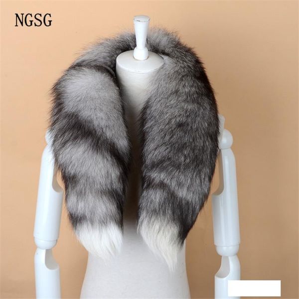 

ngsg real fox fur scarf women men striped winter warm 80-90cm long tail scarf fashion luxury collar scarves wraps female w001 c18110101, Blue;gray