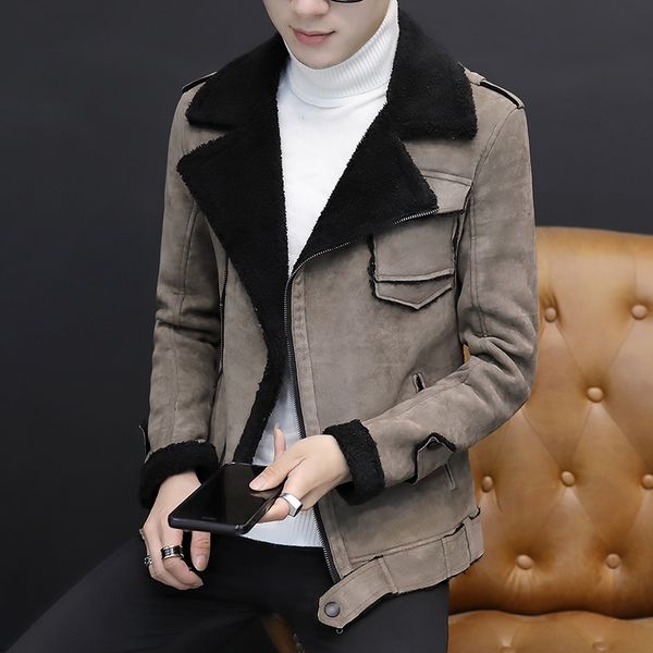 

youth handsome lapel pu leather men of new fund of 2019 autumn winters is imitation fur leather jacket winter more add wool coat, Black