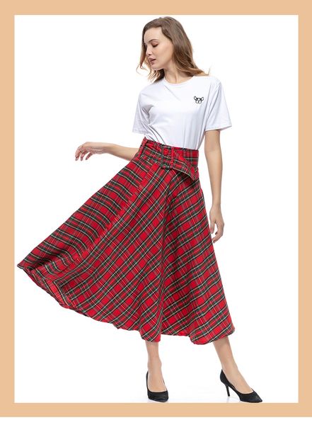 

2019 summer new european and american women's fashion design scottish style high waist belt decorative skirt ladies dress wholesale, Black