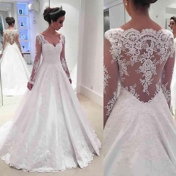

2020 long sleeve v-neck a-line wedding dresses hollow back appliues sweep train bridal wedding gowns vestido de casamento bride dresses, White