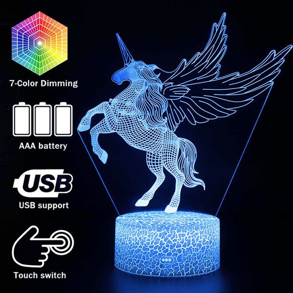 

3d illusion unicorn table lamp touch led night light home room rainbow horse lampen decor lighting creative lamp for gift my758