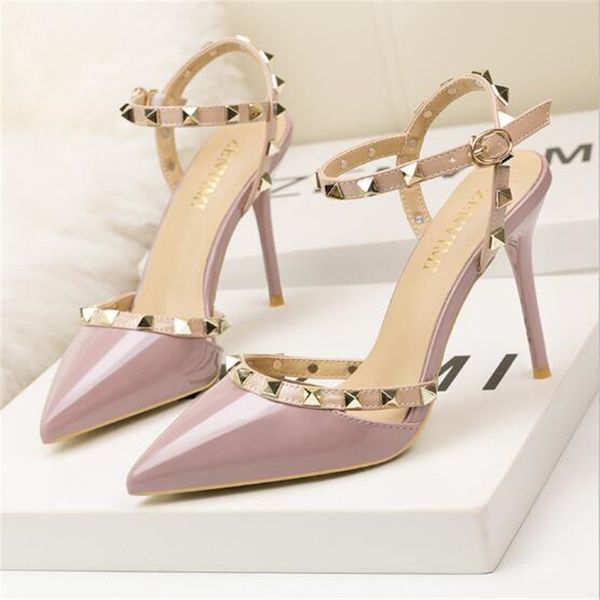 

summer classic shallow rivet women's sandals ankle buckle high heels shoes fashion women pumps party sandals patent leather, Black