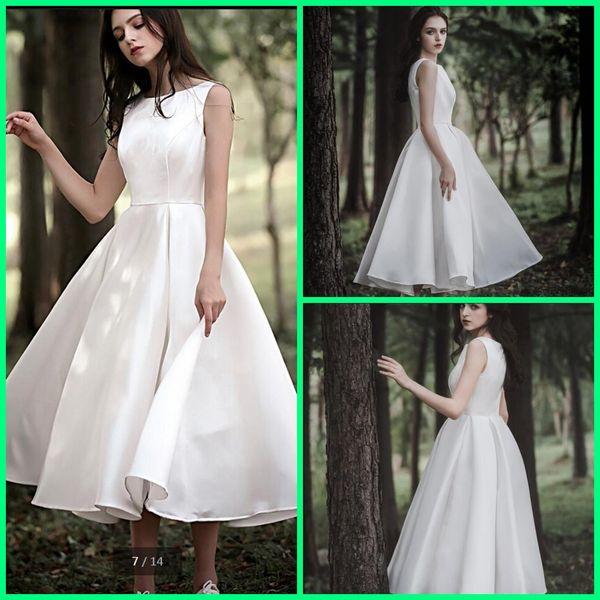 

vintage a-line satin tea length short wedding dresses petite's girls bateau neck sleeveless informal bridal gowns selling, White