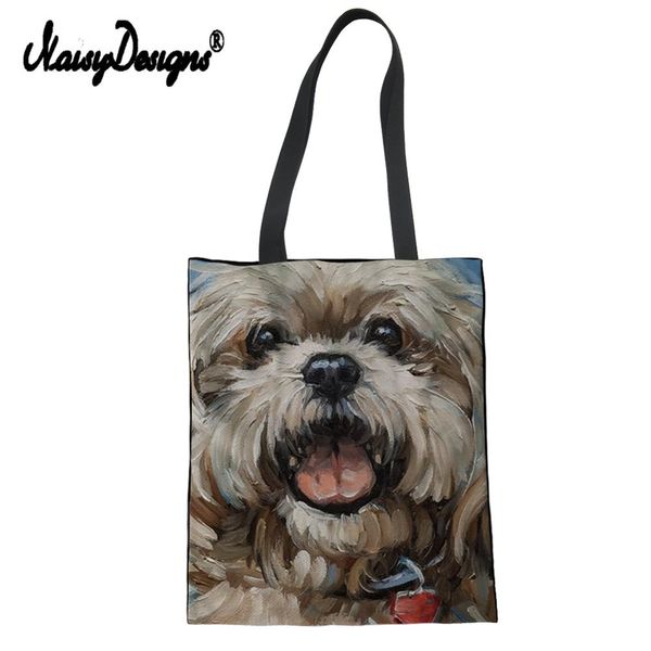 

noisydesigns kawaii oil painting canvas women tote shih tzu pattern custom brand large shopping ladies hand bag grocery pouch