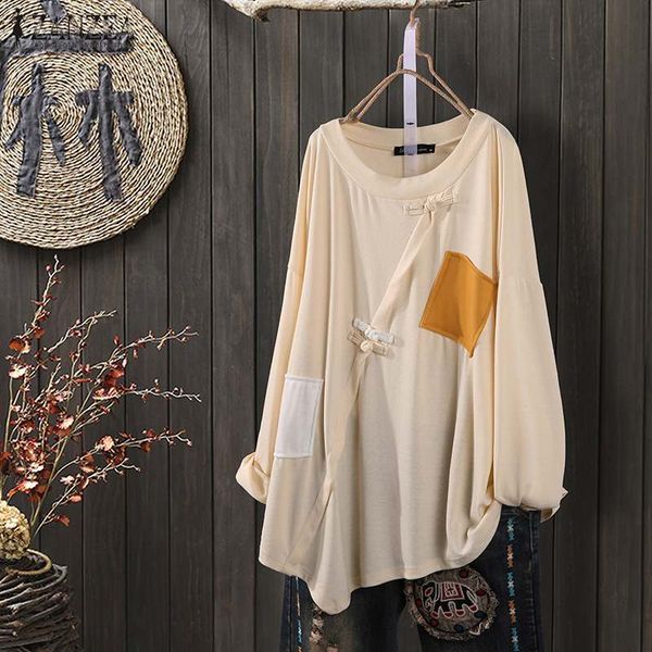 

plus size tunic women's spring blouse zanzea patchwork kaftan casual long sleeve shirts female button work blusas 5xl, White