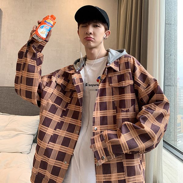 

plaid jacket male spring and autumn 2019 new trend casual cotton loose long korean version student hooded windbreaker khaki, Black;brown