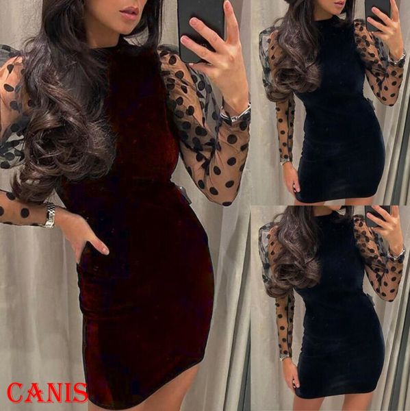 

2020 women's mesh sheer long sleeve bodycon evening party backless mini short dress, Black;blue