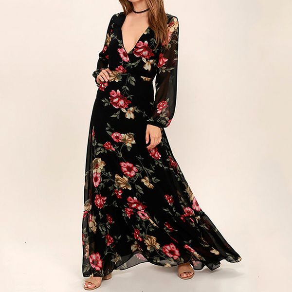 

women clothes women dress spring summer beach dress bohemian floral printed long dress elegant v neck long sleeve casual vestidos de, Black;gray