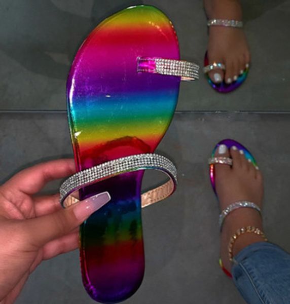

slippers 2021 summer flat women sandals handmade rhinestones rainbow beach shoes simple open, Black