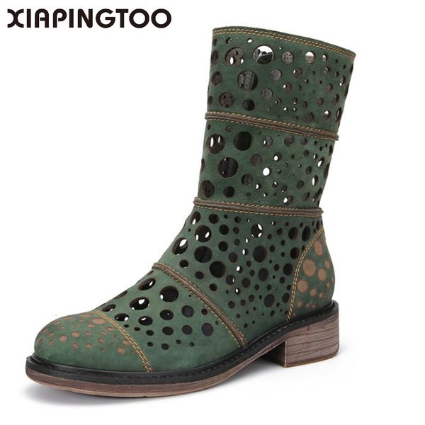 

retro style cow full grain natural leather women mid-calf hollow cool boots round toes dark green riding shoes for women summer, Black